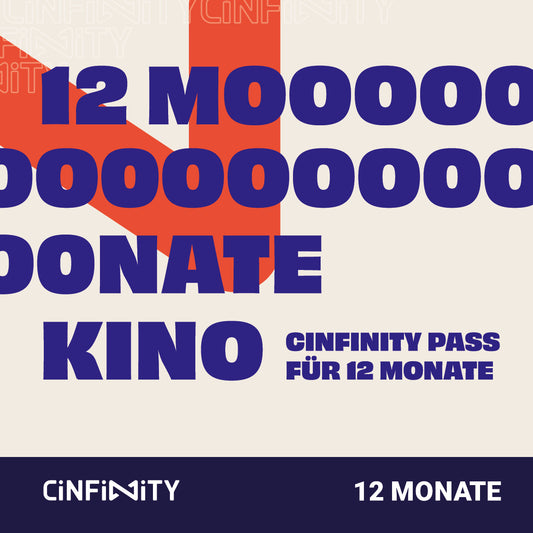 Grafik von CINFINITY mit weißem Hintergrund, rotem Highlight und dunkelblauem Text: "12 Monate Kino - CINFINITY PASS für 12 Monate".
