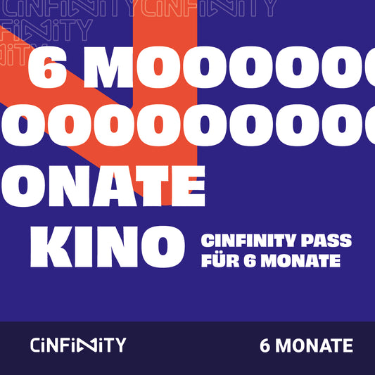 CINFINITY Grafik mit dunkelblauem Hintergrund, rotem Highlight und weißem Text "6 Monate Kino - CINFINITY PASS für 6 Monate".