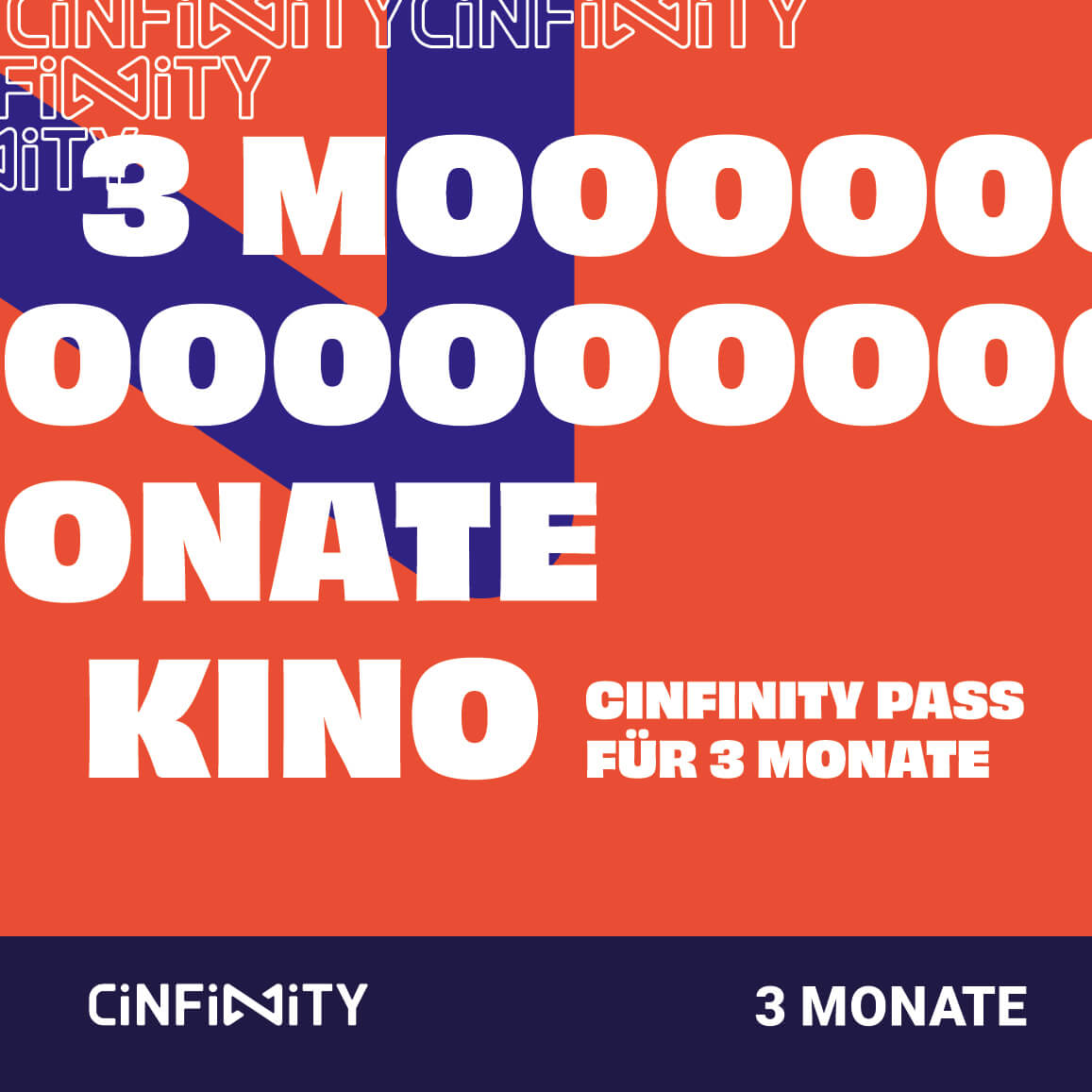 Grafik in Orange und Lila mit Text "3 Moooooonate Kino - Cinfinity Pass für 3 Monate".